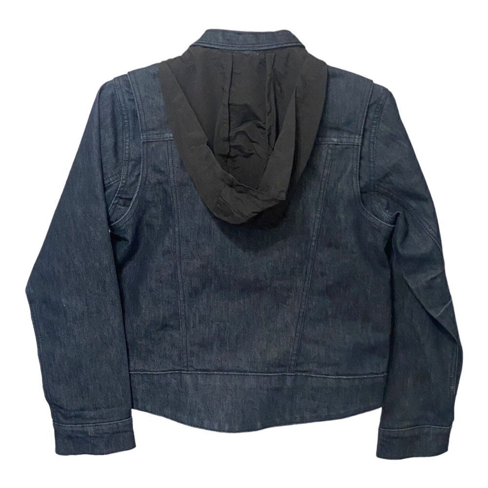 Levis Trucker Jacket with Hide -a- Way Hoodie Size L Dark Blue Logo Snaps Women - Picture 2 of 12